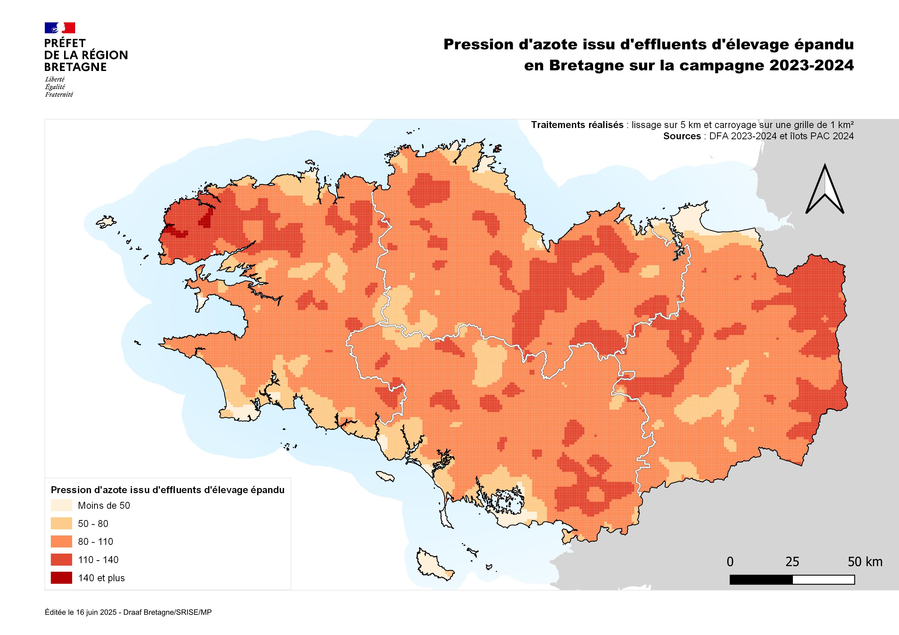 Télécharger la carte de la pression d'azote issu d'effluents d'élevage épandu - voir la transcription ci-dessous