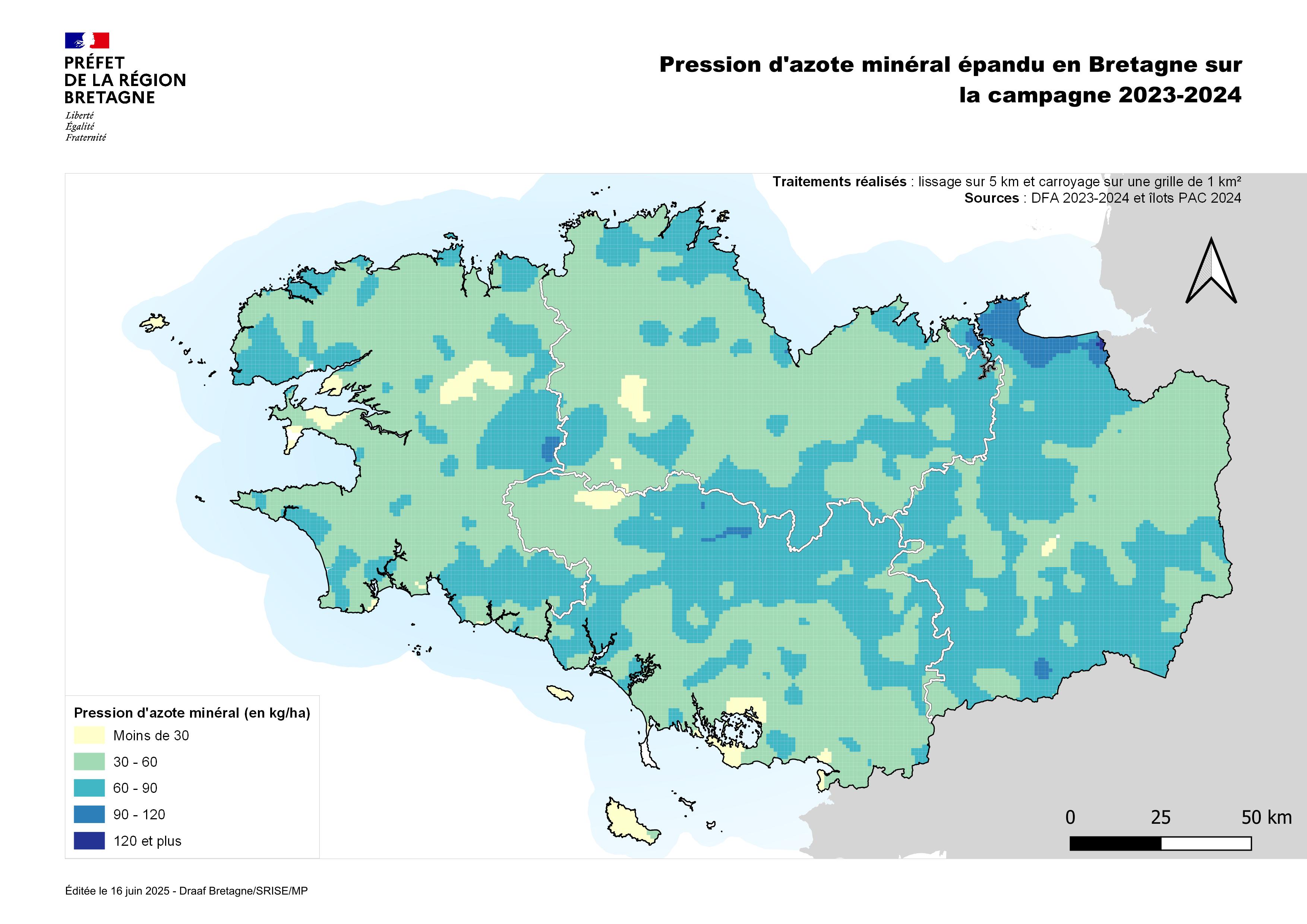 Télécharger la carte de la pression d'azote minéral épandu en Bretagne - voir la transcription ci-dessous