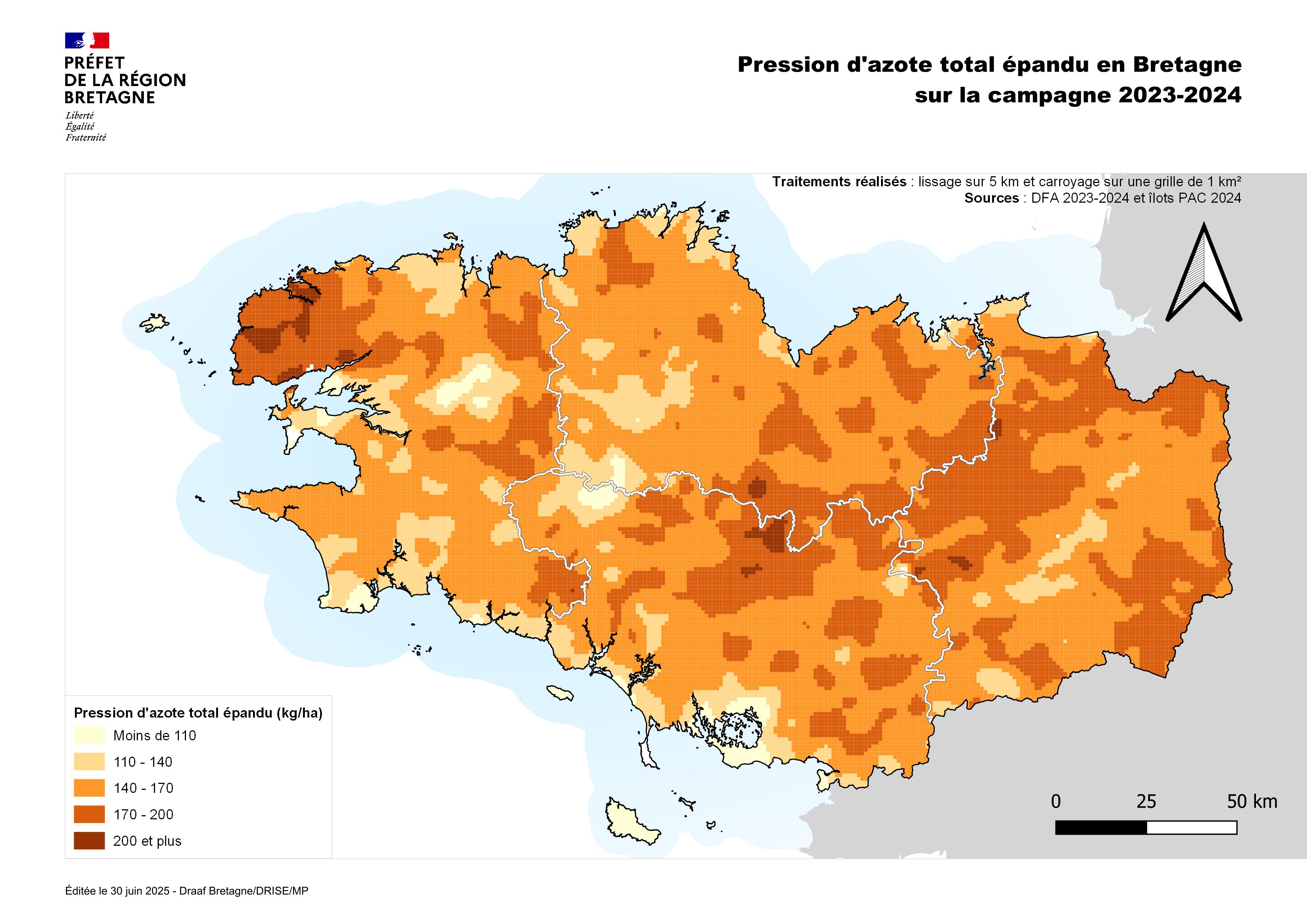 Télécharger la carte de la pression totale d'azote épandu en Bretagne - voir la transcription ci-dessous