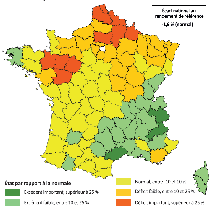 Figure 4 - Écarts aux rendements fourragers départementaux de référence au 20 juin 2025 - voir la transcription ci-dessous