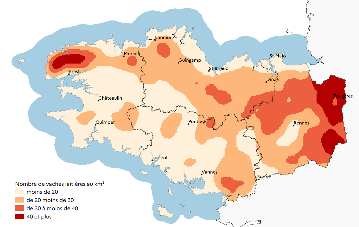 Densité de vaches laitières en Bretagne en 2024 - voir la transcription ci-dessous
