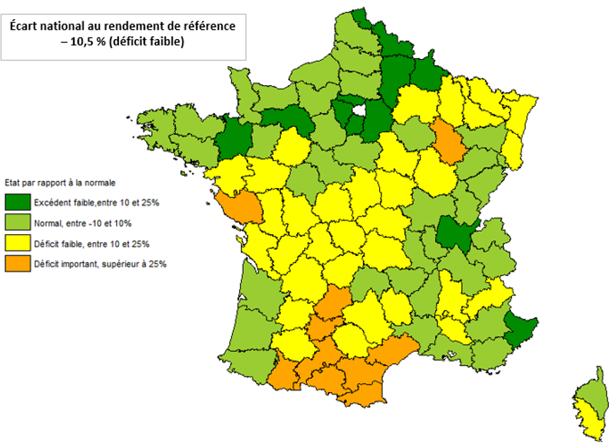 Figure 4 - Écarts aux rendements fourragers départementaux de référence en France au 20 juin 2026 - voir la transcription ci-dessous