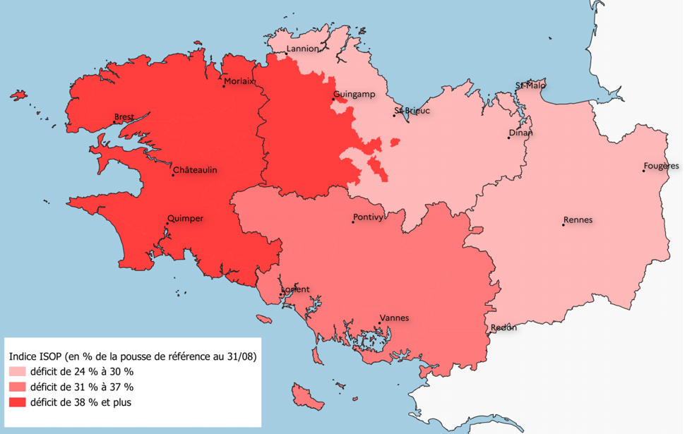 Figure 5 – Indicateur de pousse des prairies permanentes en Bretagne au 31 août 2026 - voir la transcription ci-dessous
