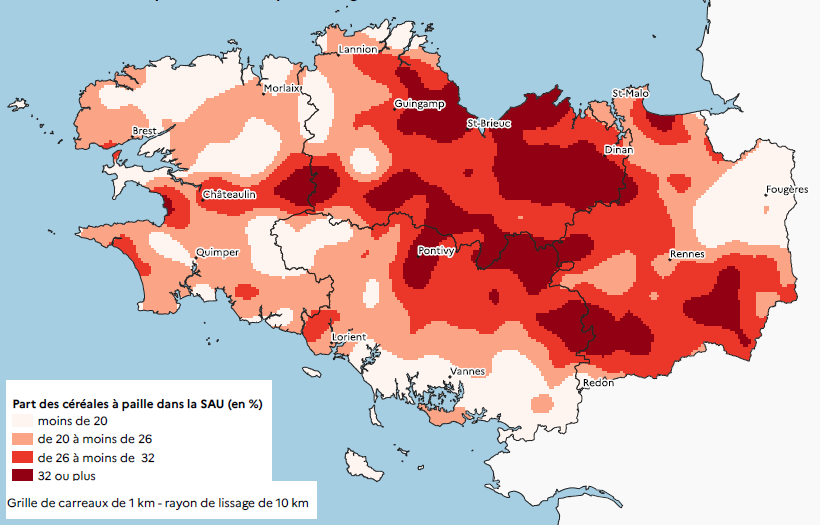Figure 4 - Part des surfaces en céréales à paille dans la superficie agricole utilisée en 2024 - voir la transcription ci-dessous