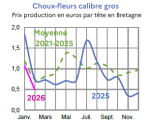 Vignette Image 5 : &Eacute;volution mensuelle des cours du chou-fleur en 2024, 2025 compar&eacute;s &agrave; la moyenne 2020-2024 en Bretagne (prix production en euros par t&ecirc;te). Donn&eacute;es t&eacute;l&eacute;chargeables au format tableur sur cette page.