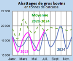 Vignette Image 1 : Évolution des abattages de gros bovins en 2024,2023, comparé à la moyenne 2019-2023 en Bretagne (en tonnes de carcasse)