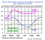 Vignette Image 3 : Évolution mensuelle des cours nationaux des oeufs en 2024, 2025 comparés à la moyenne 2020-2024, cotation TNO* Synthèse, en euros pour 100 œufs. Données téléchargeables au format tableur sur cette page.