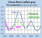 Vignette Image 5 : Évolution mensuelle des cours du chou-fleur en 2024, 2025 comparés à la moyenne 2020-2024 en Bretagne (prix production en euros par tête)