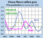 Vignette Image 5 : Évolution mensuelle des cours du chou-fleur en 2024, 2025 comparés à la moyenne 2020-2024 en Bretagne (prix production en euros par tête)