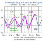 Vignette Image 1 : &Eacute;volution des abattages de gros bovins en 2024,2023, compar&eacute; &agrave; la moyenne 2019-2023 en Bretagne (en tonnes de carcasse). Donn&eacute;es t&eacute;l&eacute;chargeables au format tableur sur cette page.