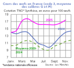 Vignette Image 3 : &Eacute;volution mensuelle des cours nationaux des oeufs en 2024, 2025 compar&eacute;s &agrave; la moyenne 2020-2024, cotation TNO* Synth&egrave;se, en euros pour 100 &oelig;ufs. Donn&eacute;es t&eacute;l&eacute;chargeables au format tableur sur cette page.