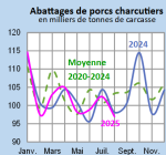 Vignette Image 2 : Évolution mensuelle des abattages de porcs charcutiers en 2024 et 2023 comparés à la moyenne 2020-2024 en Bretagne (en milliers de tonnes de carcasse)