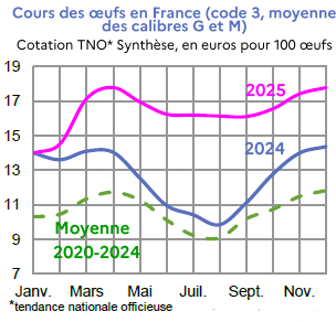 Image 3 : &Eacute;volution mensuelle des cours nationaux des oeufs en 2024, 2025 compar&eacute;s &agrave; la moyenne 2020-2024, cotation TNO* Synth&egrave;se, en euros pour 100 &oelig;ufs. Donn&eacute;es t&eacute;l&eacute;chargeables au format tableur sur cette page.