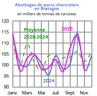 Image 2 : &Eacute;volution mensuelle des abattages de porcs charcutiers en 2024 et 2023 compar&eacute;s &agrave; la moyenne 2020-2024 en Bretagne (en milliers de tonnes de carcasse). Donn&eacute;es t&eacute;l&eacute;chargeables au format tableur sur cette page.