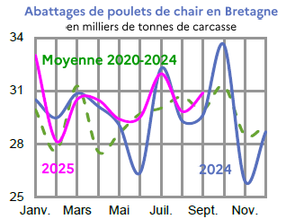 Image 3 : Évolution des abattages de poulets de chair en 2024,2023, comparé à la moyenne 2019-2023 en Bretagne (en tonnes de carcasses). Données téléchargeables au format tableur sur cette page.