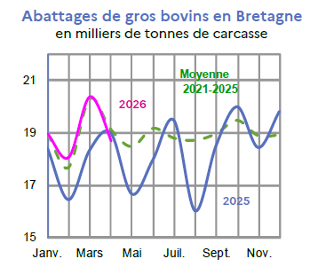 Image 1 : &Eacute;volution des abattages de gros bovins en 2026 et 2025, compar&eacute; &agrave; la moyenne 2021-2025 en Bretagne (en tonnes de carcasse). Donn&eacute;es t&eacute;l&eacute;chargeables au format tableur sur cette page.