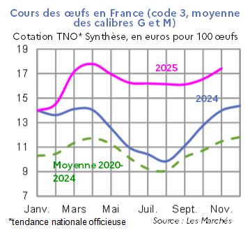 Image 3 : &Eacute;volution mensuelle des cours nationaux des oeufs en 2024, 2025 compar&eacute;s &agrave; la moyenne 2020-2024, cotation TNO* Synth&egrave;se, en euros pour 100 &oelig;ufs. Donn&eacute;es t&eacute;l&eacute;chargeables au format tableur sur cette page.