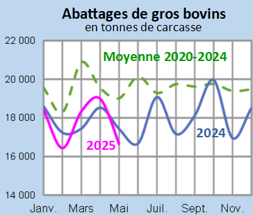 Image 1 : Évolution des abattages de gros bovins en 2024,2023, comparé à la moyenne 2019-2023 en Bretagne (en tonnes de carcasse)