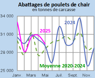 Image 3 : Évolution des abattages de poulets de chair en 2024,2023, comparé à la moyenne 2019-2023 en Bretagne (en tonnes de carcasses)