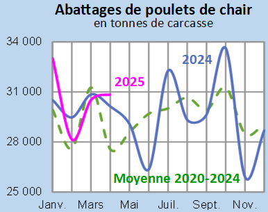 Image 3 : Évolution des abattages de poulets de chair en 2024,2023, comparé à la moyenne 2019-2023 en Bretagne (en tonnes de carcasses)