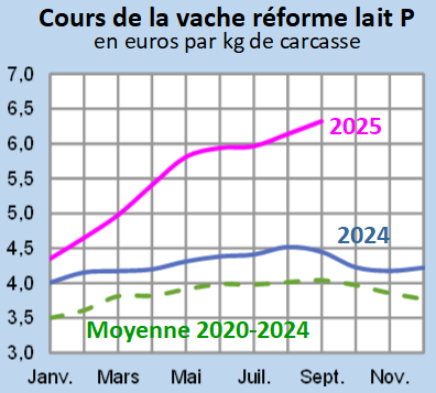 Image 4 : Évolution mensuelle des cours de la vache de réforme P en 2024, 2025 comparés à la moyenne 2020-2024 en Bretagne (en euros par kg de carcasse)
