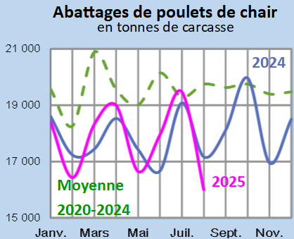 Image 3 : Évolution des abattages de poulets de chair en 2024,2023, comparé à la moyenne 2019-2023 en Bretagne (en tonnes de carcasses)