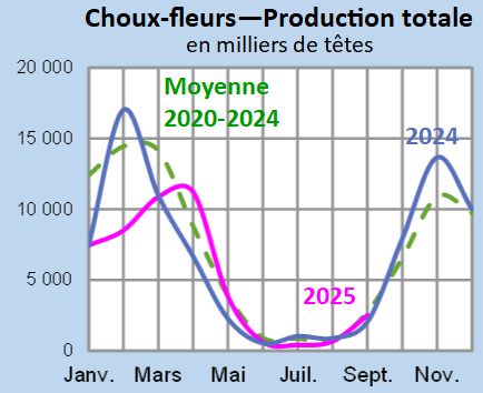 Image 5 : Évolution de la production de choux-fleurs en 2025, 2024, comparée à la moyenne 2020-2024 en Bretagne (en milliers de têtes)