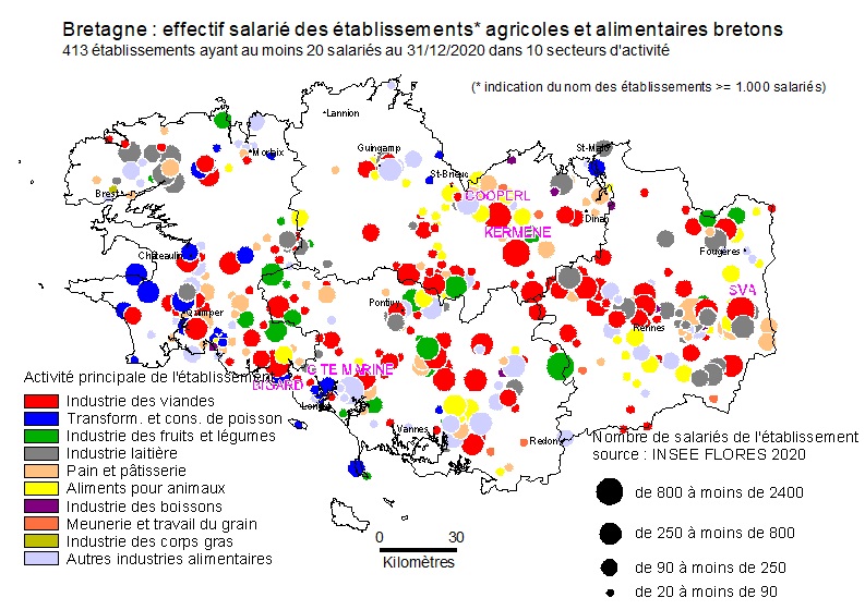 La carte représente les départements bretons avec des ronds proportionnels localisés au siège des établissements du secteur de l'agroalimentaire