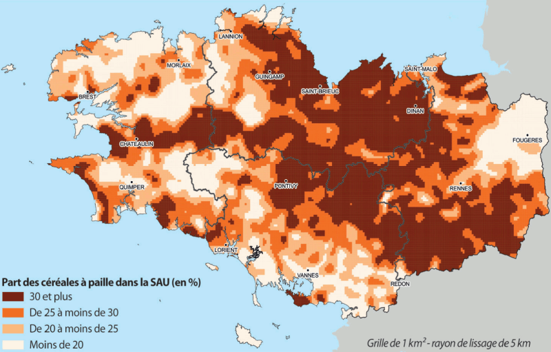 Il s'agit d'une carte lissée de la part des surfaces en céréales à paille dans la superficie agricole utilisée en 2022 en Bretagne. 