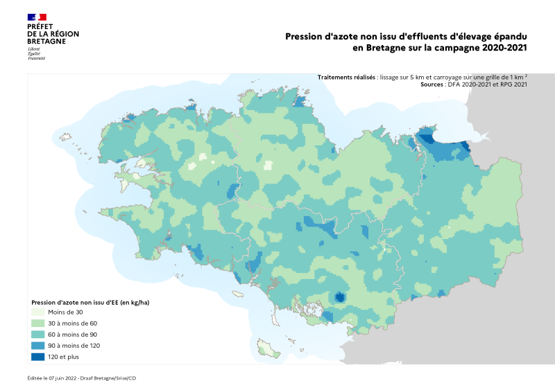 Image 2 : Carte lissée de l'azote non issu d'effluents d'élevage épandu en Bretagne sur la campagne 2020-2021