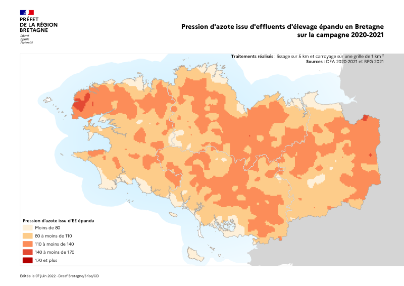 Image 1 : Carte lissée de l'azote issu d'effluents d'élevage épandu en Bretagne sur la campagne 2020-2021