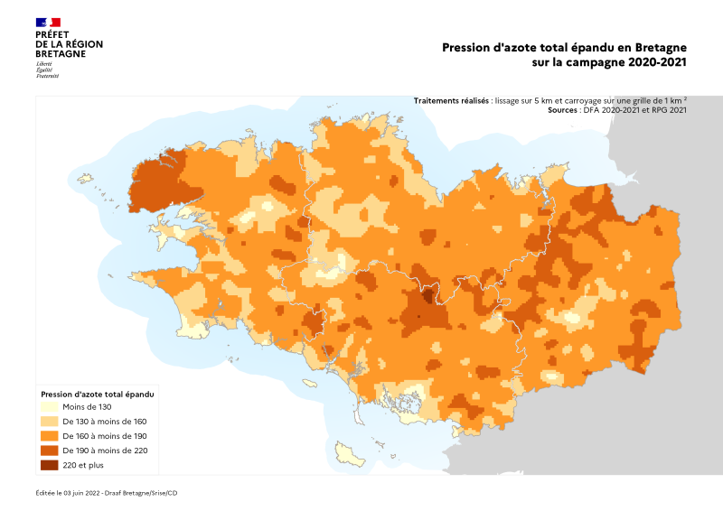 Image 3 : Carte lissée de l'azote total épandu en Bretagne sur la campagne 2020-2021