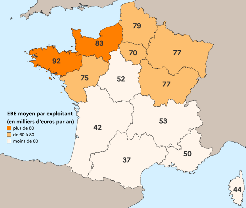 Carte de France métropolitaine représentant l'EBE par ETP non salarié des exploitations agricoles en moyenne par région en 2024. Les régions avec un EBE par exploitant supérieur à 70 000 euros annuels sont situées dans la partie nord de la France, la Normandie et la Bretagne ayant un excédent par exploitant supérieur à 80 000 euros annuels. Toutes les données de la publications sont téléchargeables sur la page de la publication (https://draaf.bretagne.agriculture.gouv.fr/resultats-economiques-2024-les-exploitations-bretonnes-tirent-leur-epingle-du-a3881.html)